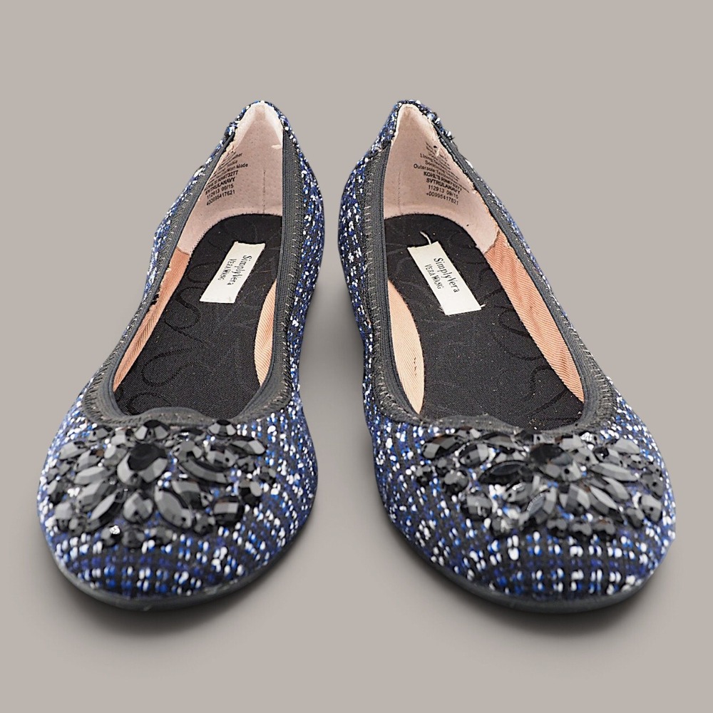 Simply Vera Vera Wang Navy Tweed Gemstone Embellished Ballet Flats Womens 6.5